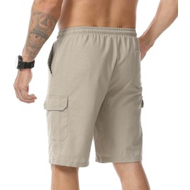 Suvifuly Mens Linen Shorts Casual Elastic Drawstring Lightweight Shorts Outdoor Running Beach Vacation Multi-Pockets Short