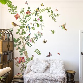 Runtoo Large Tree Branch Wall Decal Vintage Floral Plants Birds Wall Art Stickers for Bathroom Living Room Bedroom Nursery Decor