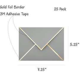 A7 Envelopes - 25-Pack V Flap Foil Border Luxury Mailing Envelopes for 5" x 7" Cards - for Wedding, Invitations, Baby Shower, Photos, Graduation, Birthday, Bridal Shower - 5.25" x 7.25" (Grey)