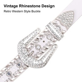 Rhinestone Studded Western Leather Belt,Women Ladies Vintage Cowgirl Bling Design Waist Belts for Pants Jeans Dresses, White, Fits Pants Size 26-31 Inches
