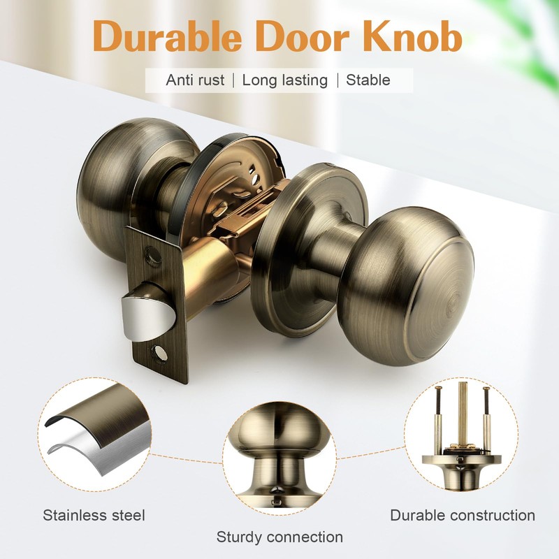Probrico Interior Door Knob for Hallway, Antique Brass Door Knobs