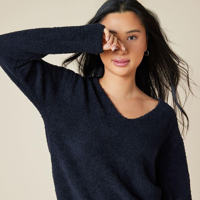 Softies Ultra-Soft Solid Marshmallow V-Neck Lounge Set for Women, Black,