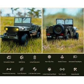 YIKESHU RC Rock Crawler 4x4 Remote Control Truck Off Road Military RC Car 1/10 Scale RTR All Terrain 2.4 GHz Fully Proportional Hobby RC Vehicle for Adult Age 15+