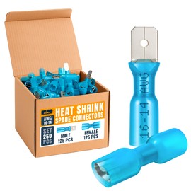 ALBO 250PCS Heat Shrink Male and Female Spade Connectors Kit – AWG 16-14 Waterproof Electrical Terminals, Blue Fully Insulated Wire Terminal Connectors for Automotive, Marine, Speaker & Electrical