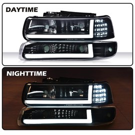 PIT66 LED Headlights, Compatible with 99-02 Chevy Silverado 1500 2500/01-02 Silverado 1500HD 2500HD 3500/00-06 Tahoe Suburban 1500 2500 (LED Modified Style, 2Pcs Smoky)