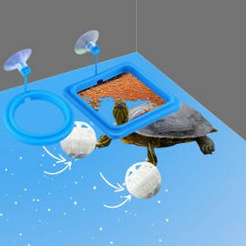 PurrrfectionPet 2 Packs Turtle Feeding Ring with Suction Cup and Nitrifying Balls Fish Food Holder Aquatic Toys for Turtles Tortoise Goldfish Guppy Koi Puffer Turtle Tank Accessories (Square & Circle)