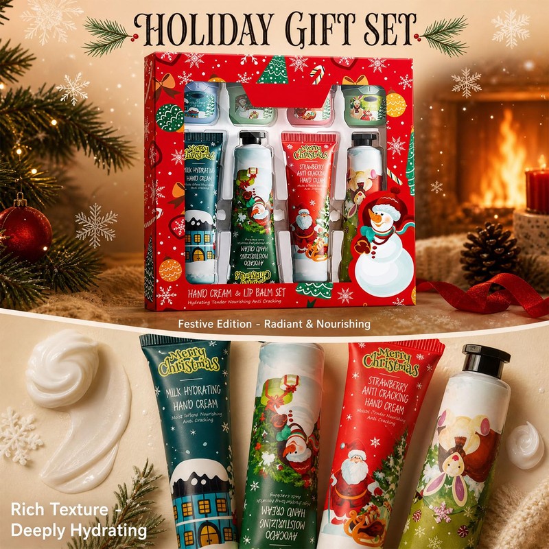 8Pcs Christmas Hand Cream & Lip Balm, Stocking Stuffers, Christmas