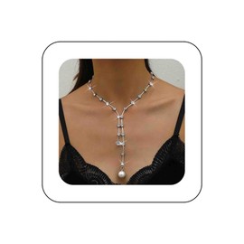 Iaceble Vintage Rhinestone Lariat Y Necklace Long Crystal Y Drop Necklace Sparkly Silver Cz Y Shape Necklace Rhinestone Pearl Statement Necklace Jewelry for Women