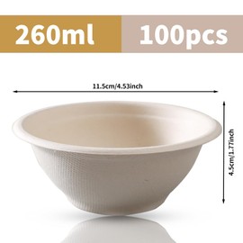 Coztie Soup Bowl, 100 Pieces Disposable Bowls 250 ml Soup Bowls Disposable, Sugar Cane Bagasse Disposable Bowls, compostable Disposable Bowls for BBQs Party and Picnic Paper Bowls 11.5 x 4.5 cm
