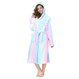 RONGTAI Womens Robes Plush Fleece Print Rainbow Hooded Bathrobe Thick Nightgown with Pockets Fluffy Sleepwear X-Large