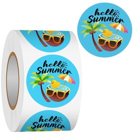 Heyfibro - 500 rollos de calcomanías de Hello Summer con etiquetas redondas de 1.5 pulgadas para niños y adultos, calcomanías de árbol de coco de verano, etiqueta de regalo para embalaje, tarjetas,