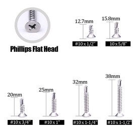 Hilitchi 410 Stainless Steel #10 Flat Head Phillips Self Drilling Screws Sheet Metal Tek Screws Assortment Kit, Modified Truss Head Self Driller - Size: #10 x 1/2'' - 1-1/2'' - Pack of 200
