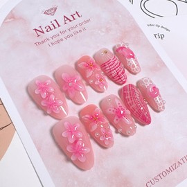 30Pcs Pink Press on Nails Medium Almond Summer French Tip Fake Nails with 3D Conch Starfish Designs Cute Flower Acrylic Nail Ocean Style False Nail Pearl Gold Beads Rhinestone Glue on Nails for Women