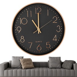 Chedin 30 cm Round Wall Clock without Ticking Noises Modern Quartz Wall Clock without Ticking Noise, Wall Clock for Children, Large Clock Movement for Wall Clock Silent (Black/Rose Gold)/(Gold/Black)