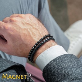 MagnetRX® Hematite & Leather Magnetic Bracelet - Beaded Magnetic Hematite Bracelets (Small)