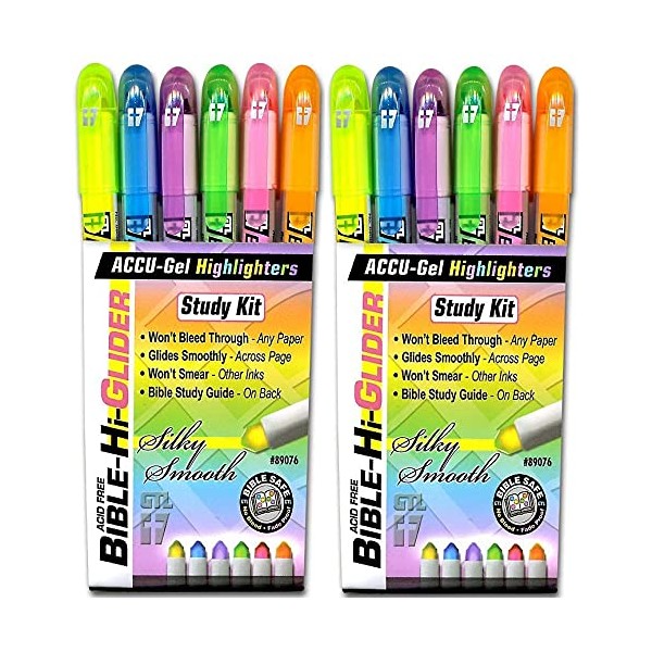 G.T. Luscombe Company, Inc. Accu-Gel Bible-Hi-Glider Bible Study Set | Precise Tip Size | No Bleed Solid Gel Highlighter | No Smearing or Fading | Long Lasting Bright Colors (Set of 6) – 2 Sets