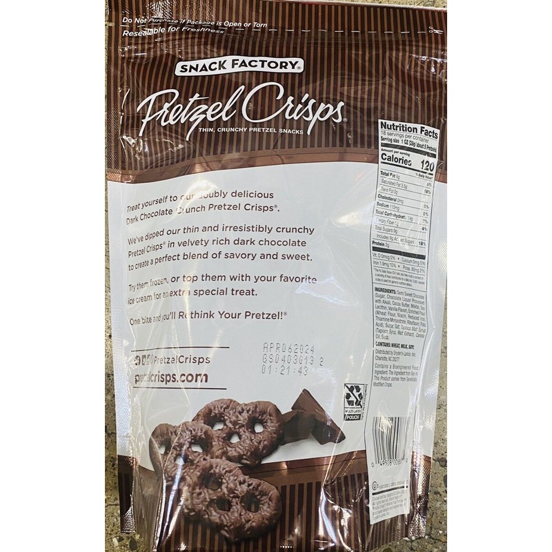 Snack Factory Pretzel Crisps Dark Chocolate Crunch 18 oz Bag