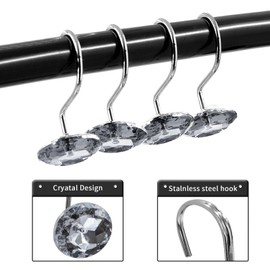 Gibelle Shower Curtain Hooks, Diamond Shaped Shower Curtain Rings Hooks for Bathroom Curtains Rod, Acrylic Decorative Rhinestones Bling Rolling Bathroom Accessories Set of 12, Grey