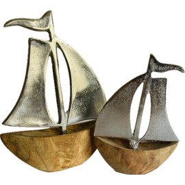 khevga Maritime Decorative Sailing Boat Set of 2 Mango Wood and Metal, Rustic Decoration for Living Room and Bathroom, 10 x 14 and 13 x 18 cm