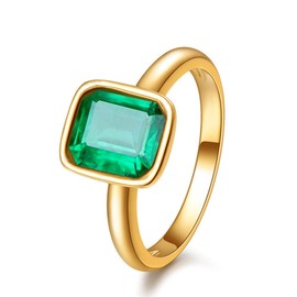 RIZILIA CELEBOX Solitaire Engagement Ring with Emerald Cut Gemstones CZ [Green Emerald] in 18K Yellow Gold Plated, Celebrity Inspired by Angelina Jolie