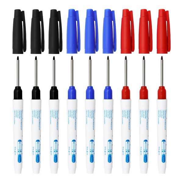 Scettar Pack of 9 Deep Hole Markers, 30 mm Extra Long Tip Hole Marker, Drill Hole Marker, Marking Pen, Construction Site, Marking Pen Drill Hole for Wall, Wood, Metal, Plastic, Cardboard