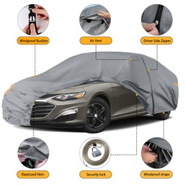 Waterproof Car Cover Compatible with 2008-2025 Chevy Malibu SS/LS/LT, 10 Layers All Weather Car Covers with Inner Cotton and Windproof Bands, Zipper Door for Snow Rain Dust Protection