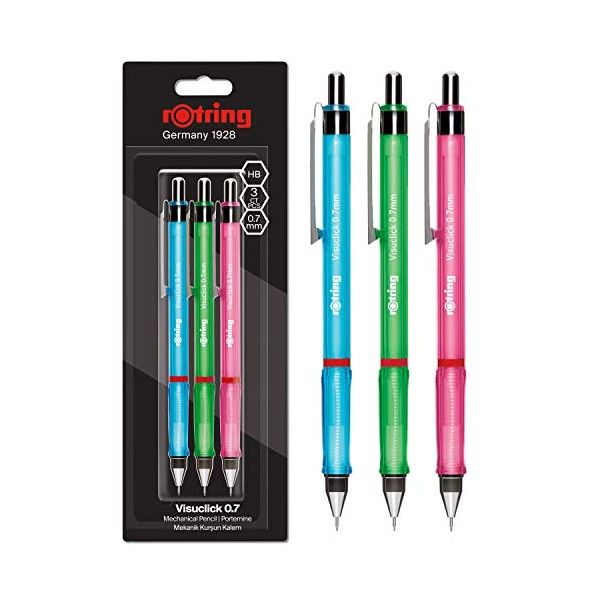 rOtring Visuclick Mechanical Pencil | 0.7 mm | 2B Lead | Lively Pink, Green & Blue Barrels | 3 Count