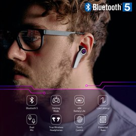 August True Wireless Gaming Kopfhörer mit Bluetooth 5.0 EPG500 – Stereo Gaming Mini Earbuds mit Dual Mikrofon Low Latency Berührungssteuerung Ladeschale USB C -kompatibel für Android und iOS-Schwarz