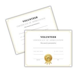 Volunteer Certificate of Appreciation 50pk 8.5x11” Gold White Minimalist Citizenship Hours of Community Service Dogs Elderly