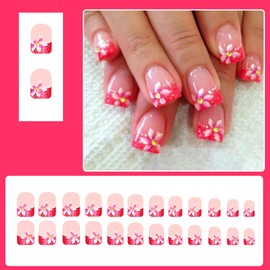 Red French Press on Nails Short Square - Summer Fake Nails Nude False Nails Press ons with Rhinestone Flowers Design Glossy Nail Art Tips Full Cover Acrylic Glue on Nails for Women 24 Pcs