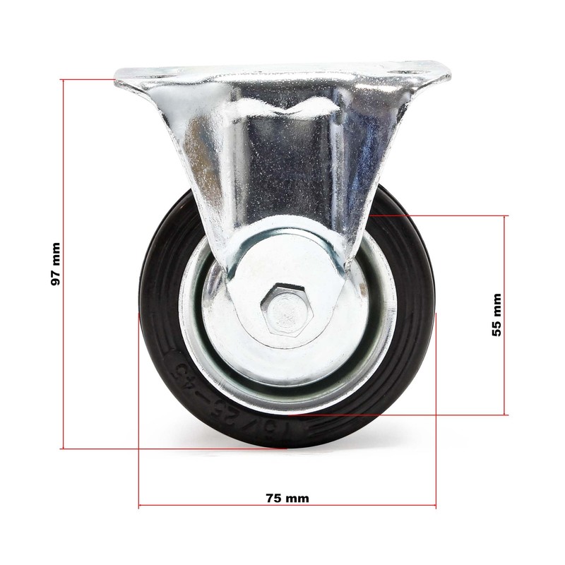 Wiltec Fixed Castor Diameter 75 mm with Rubber Wheel and
