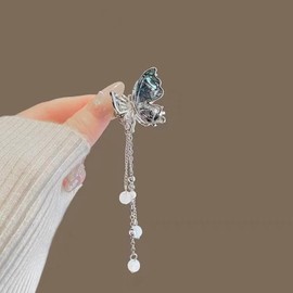 EZ PEACH バンスクリップ ミニ ヘアアクセサリー レディース ヘアクリップ 小さめ 蝶 パール 髪留め ヘアピン 髪飾り 2個セット (蝶/Blue/揺れる)