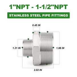 TAISHER 2PCS Cast 304 Stainless Steel Hex Nipple, Reducer Pipe Fitting 1-1/2" NPT Male x 1" NPT Male