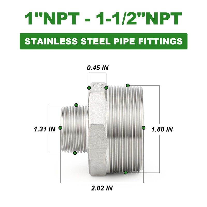 TAISHER 2PCS Cast 304 Stainless Steel Hex Nipple, Reducer Pipe