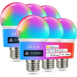 OREiN Matter Focos Inteligentes Compatible con Alexa, Apple Home, Google Home, SmartThings, Focos Inteligentes Multicolor A19 E26, Bombillas Inteligentes 60W Equi 800 LM CRI90 6 Unidades