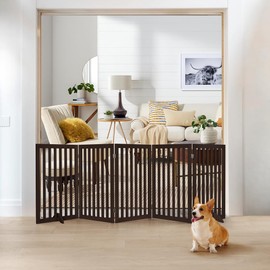 unipaws 36”H Free Standing Pet Gate for Dogs and Cats, Tall Wooden Dog Gates for Doorway, Stairs, Dog Room Divider, Foldable Pet Fence for The House, Expandable Barrier, Indoor Use, Espresso