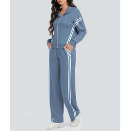Casly Lamiit 2 Piece Sets for Women 2024 Trendy Fall Outfits Contrast Stripe Long Sleeve Sweatshirt Sweatpants Matching Suit Lounge Travel Athletic Clothing Sets Grey Blue XL