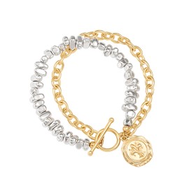 Aobei Pearl Two Tone Layered Bracelets for Women Gold and Silver Mixed Metal Bracelet Chunky Statement Coin Charm Bracelet with Toggle