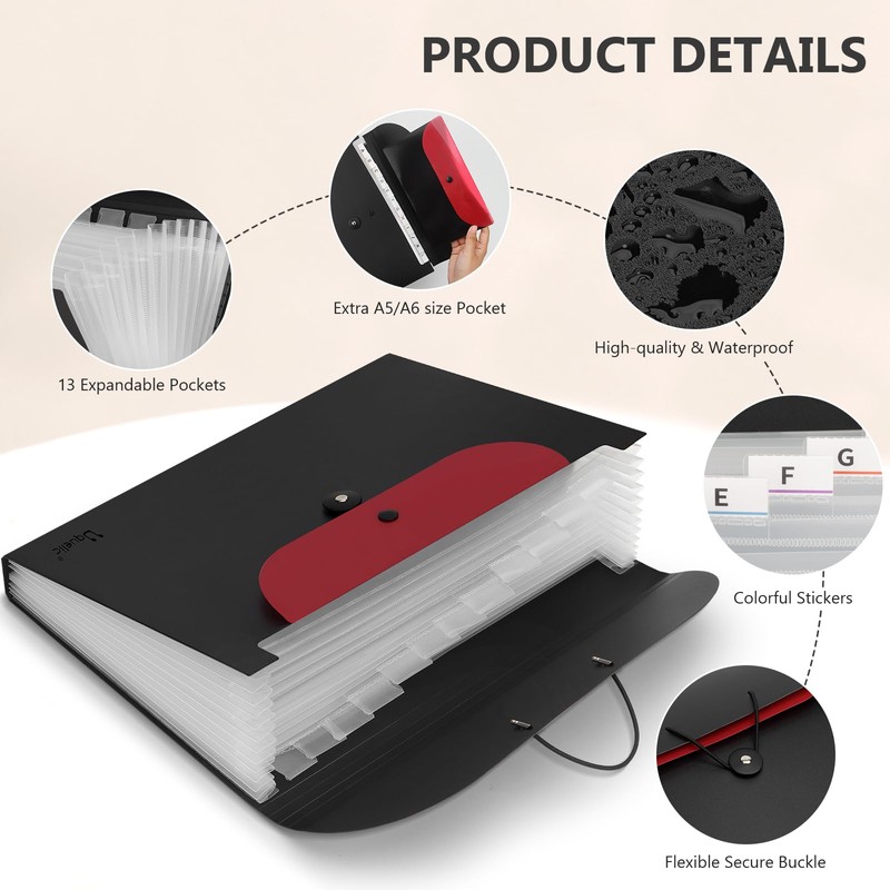 Uquelic A4 Document Folder, Expanding Folder with 13 Compartments, Folder