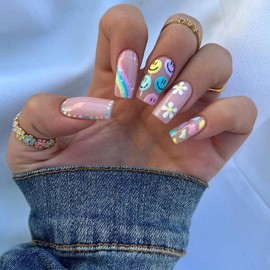 Press on Nails Medium Square Fake Nails with Floral Rainbow Design False Nails Glossy Stick on Acrylic Nails for Women 24Pcs