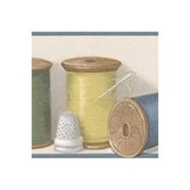 Concord Wallcoverings Wallpaper Border Vintage Pattern Sewing Thread Needles for Cottage Home Office, Beige Blue Red Green, 15 Ft by 5 In BT77700