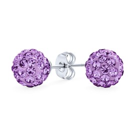 Light Purple Lavender Pave Crystal Disco Ball Stud Earrings for Women - Round, Simple, Basic Design - .925 Sterling Silver - 8MM