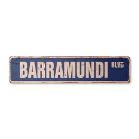 BARRAMUNDI Vintage Aluminum Street Sign Fishing Fisherman Fish Lover Restaurant Rustic Metal tin | Indoor/Outdoor | 30" Wide