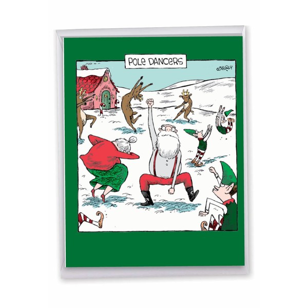 NobleWorks - Big Cartoon Christmas Card from Group (8.5 x 11 Inch) - Funny Holiday Cartoons, Jumbo Humor Card from All of Us - Pole Dancers J7082XSG-US