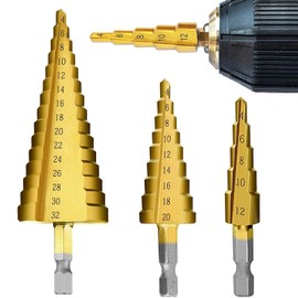 RZJZGZ 3 Pcs Straight Grooved Step Drill Bit Set, High Step Steel Titanium Drill Bits Set Power Tools 4-12/4-20/4-32mm Hex Shank Drive, HSS Cut Tool Set for Metal Wood Steel DIY Plastic
