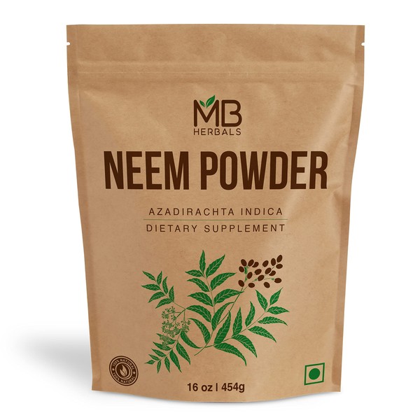 MB Herbals Pure Neem Powder 1 Pound | 16 Oz | 454 Gram | Wild Crafted Neem Leaf Powder | Very Bitter Neem Supplement for Skin Hair and Detox | Azadirachta Indica