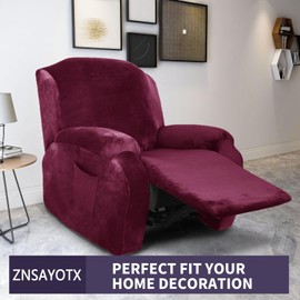 ZNSAYOTX Stretch Velvet Recliner Cover 4-Pieces, Thick Soft Recliner Chair Slipcover with Pocket, Non-Slip Elastic Bottom for Kids Pets, Luxury Plush Reclining Protector Comfy Washable (Wine Red)