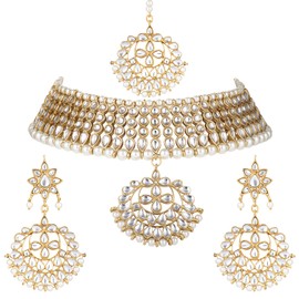 Aheli White Pearl Kundan Choker Necklace with Earring Maang Tikka Indian Traditional Bollywood Fashion Jewelry Set Gift for Women