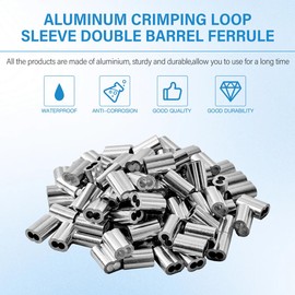 100pcs 1/16"(1.5mm) Aluminum Crimping Sleeves Loops, Cable Crimps Wire Ferrules, Double Ferrule Aluminum Wire Rope Sleeve for Cable Line End (1/16" 100PCS)