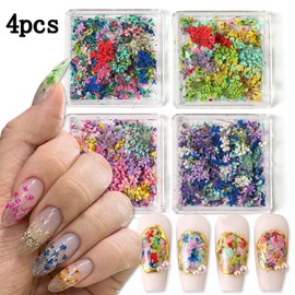 Hebterrka 4Box 3D-Nagelkunst-Aufkleber mit Getrockneten Blumen, Bunte Trockenblumen für Nägel Set DIY Mini-Mix Blütenblätter Nagelaufkleber, Trockenblumen